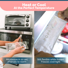 Load image into Gallery viewer, Infographic shows hot and cold packs can be microwaved for hot therapy and frozen in the freezer for cold therapy
