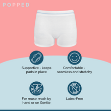 Load image into Gallery viewer, An infographic shows that the Popped Postpartum underwear is supportive, comfortable, reusable by hand wash or Gentle wash, and latex-free
